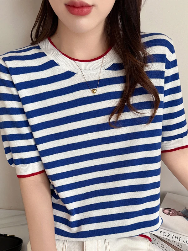 Ultrafine Cotton 100% Skin-friendly round Neck Striped Short Sleeve Knitted T-shirt Women's Top Casual Loose Fit Breathable