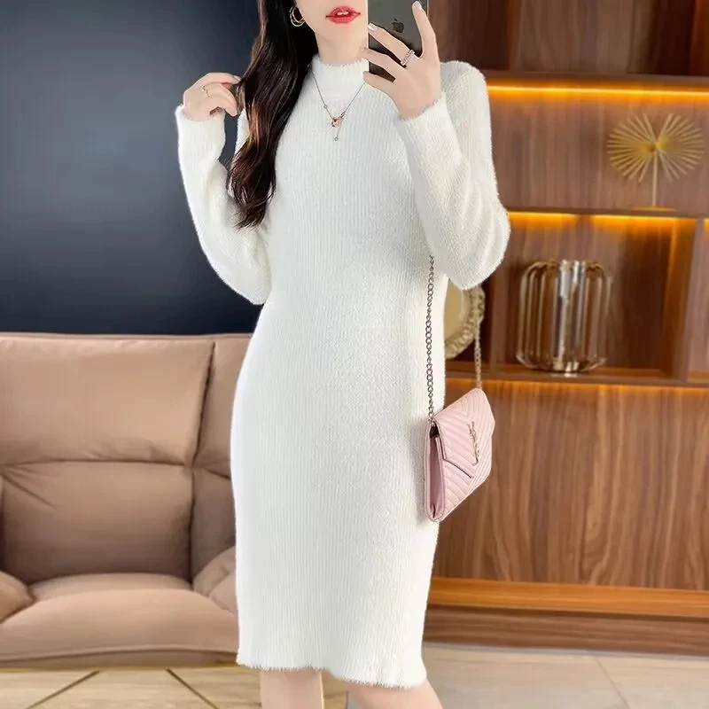 2023 Autumn Winter New Imitation Mink Velvet Knitt Dress Women   Loose Long Half High Collar Pullover Sweater Female Outer Wear