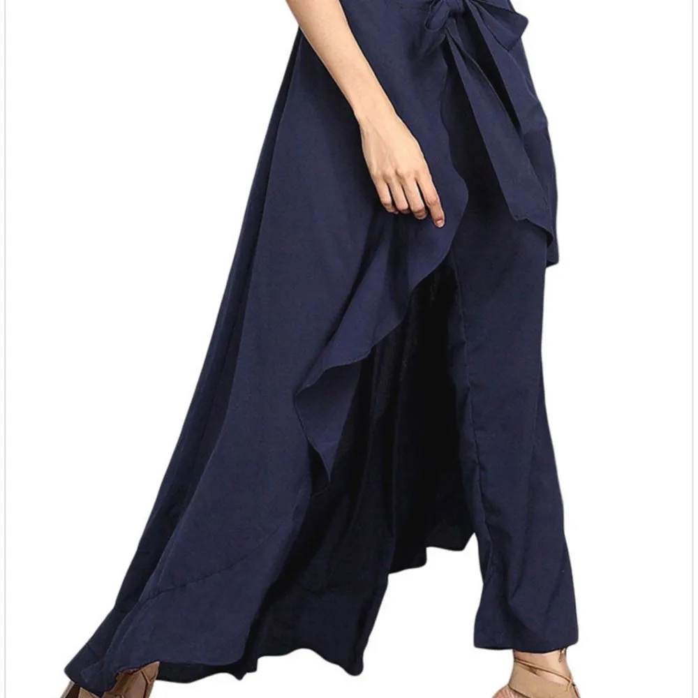 Women Palazzo Pants 2021 Causal Ruffle Drawstring Trouser Elegant High Waist Irregular Loose Pure Color Autumn Female Pant Skirt