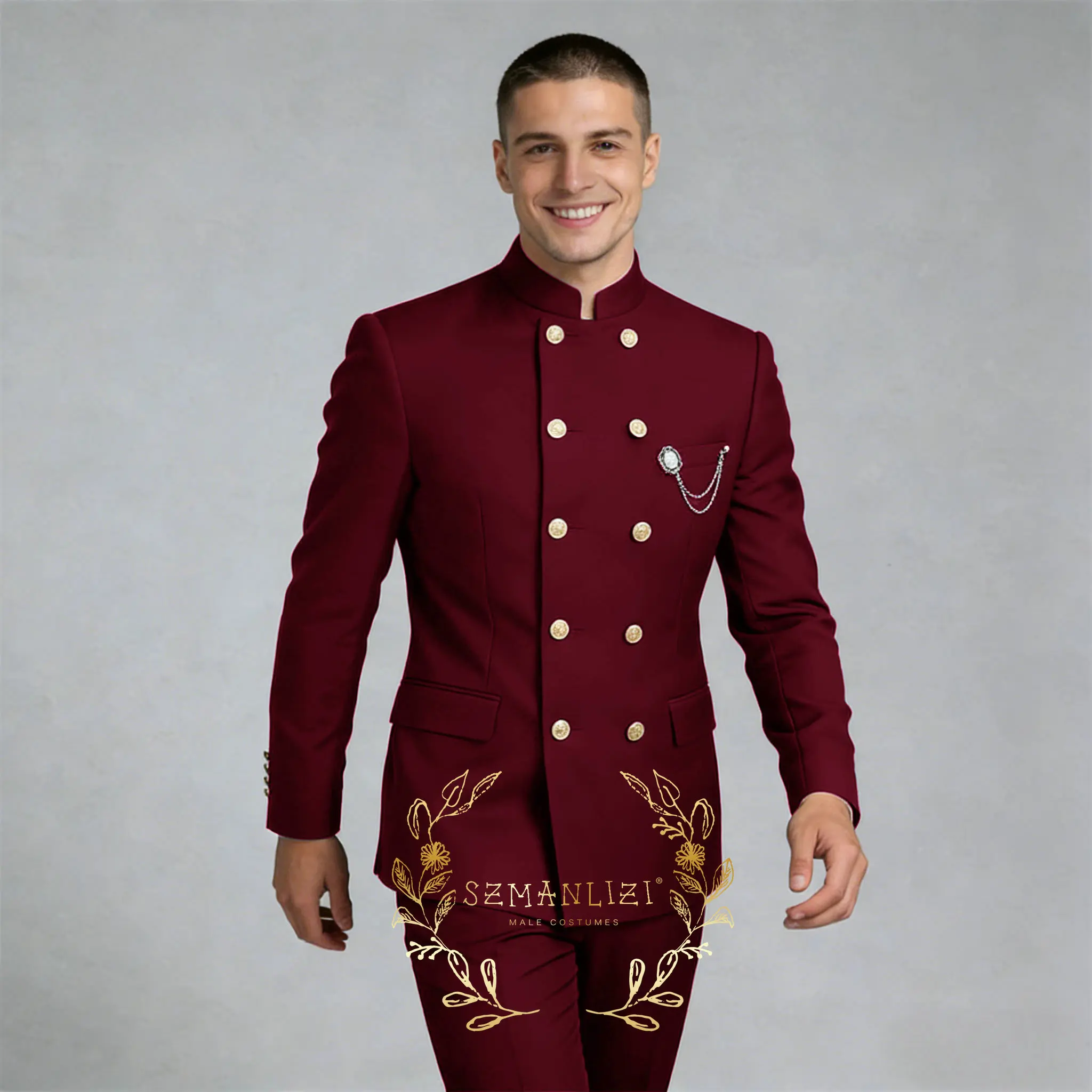 Navy Blue Men Suits For Wedding Double Breasted 2 Pieces Jacket+Pants Stand Collar Men Blazer Sets Clothing Groomsmen Suits