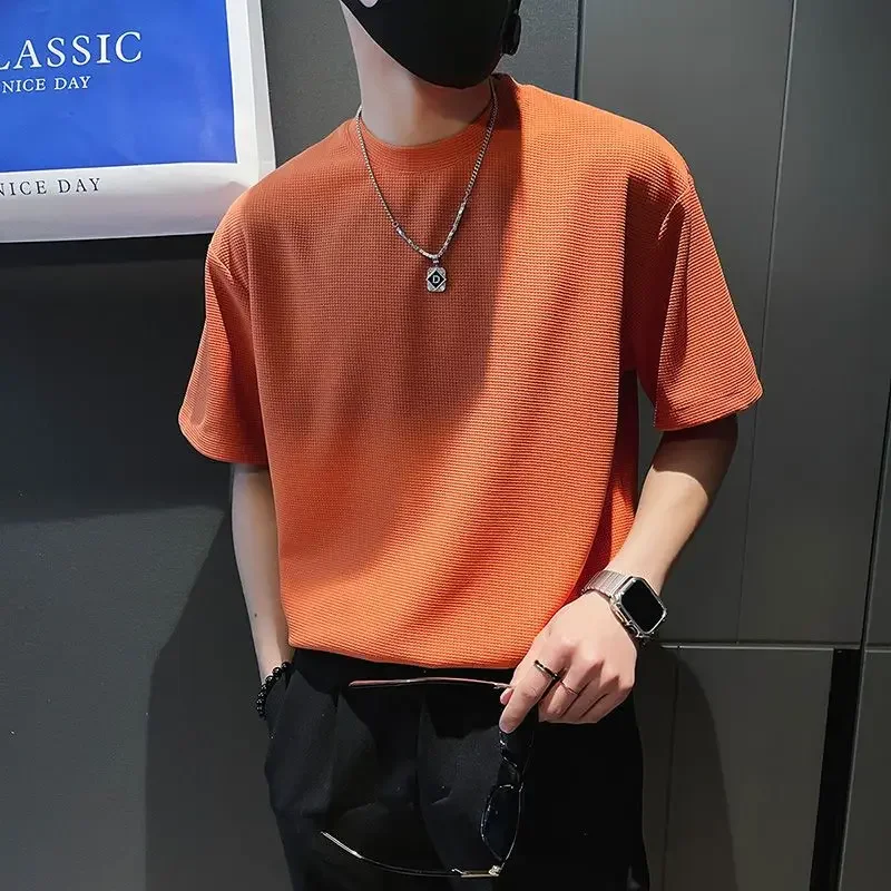 

Top T Shirt for Men Orange O Neck Man Tee Shirts Plain Clothing Streetwear No Logo Cool Hot Loose Basic High Quality Aesthetic S