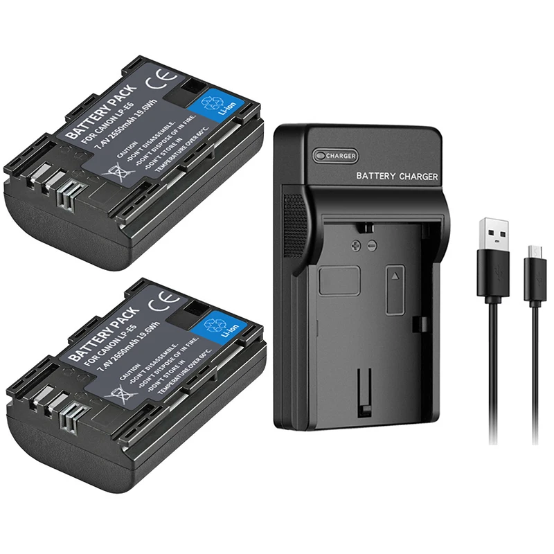 2650mAh LP E6 LPE6 LP-E6 E6N Battery + USB Charger For Canon EOS 5DS R 5D Mark II 5D Mark III 6D 7D 60D 70D 80D Digital Camera