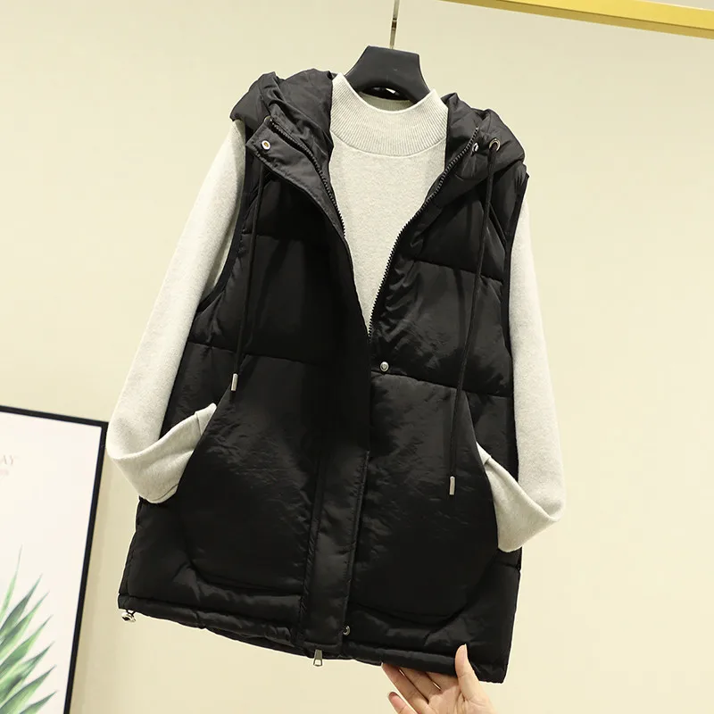 2025 가을 겨울 신상 후드 코튼 따뜻한 조끼 여학생 스트릿웨어 한국 스타일 루즈핏 민소매 파카 조끼 여성