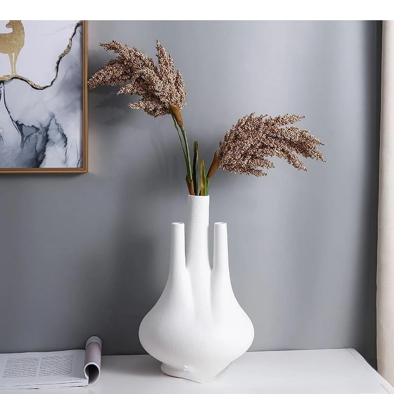 Nordic White Geometric Ceramic Vase Flower Arrangement Dried Decoration Countertop Frosted Irregular Art Home Decor