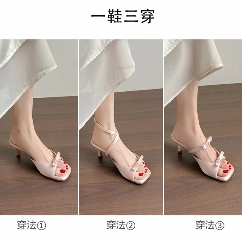 Three pairs of slender high heels, square-toe single-strap sandals, women's bow slippers, and summer low heels