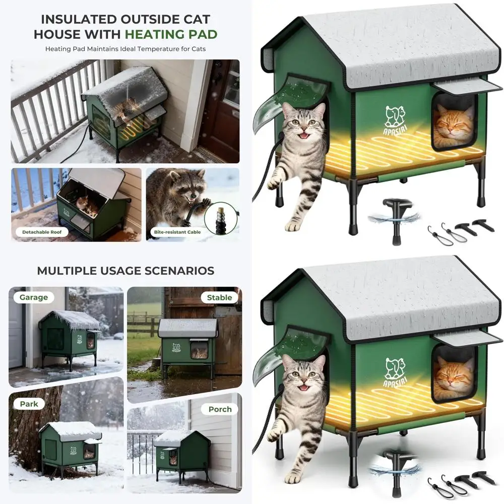 

Готовое взимку изолированное укрытие для кошек с подогревом, двойным выходом и атмосферостойким дизайном для маленьких кошек