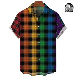 Summer Fashion Plaid Rainbow Print Men's Short Sleeve Casual Shirt Pride Month Party Outfit Tops Street Trend Party Oversized