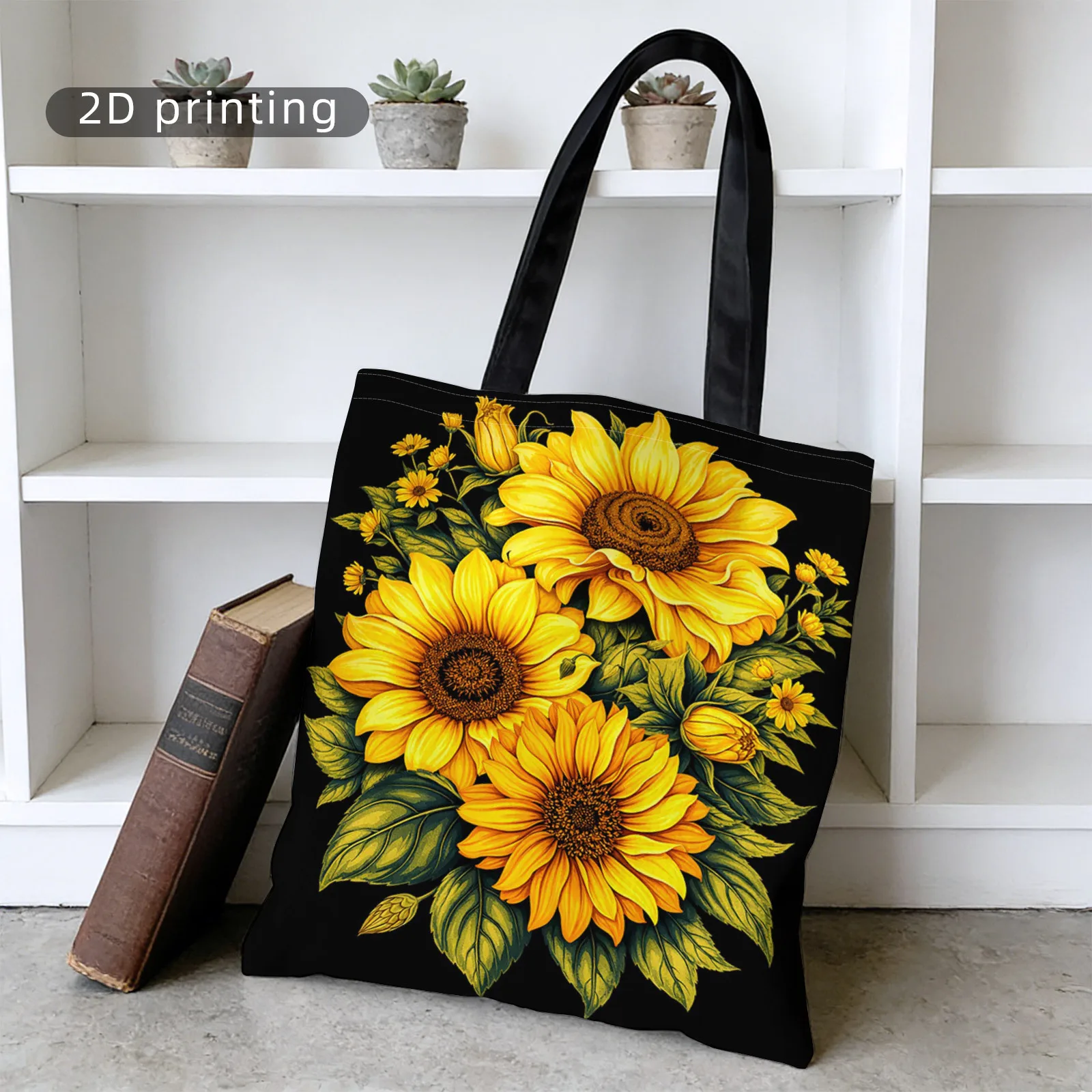 A Patterned Women's Handbag Shoulder Bag, Vibrant Yellow Sunflower Design with Green Leaves on a Black Background.