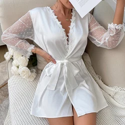 Sexy Nightie White Satin Bathrobe Polka Dot Tulle Long Sleeve Pajama Luxury Embroidery Cardigan Sleep Robe With Belt Sleepwear