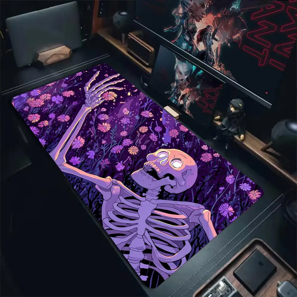 Fantasy Skeleton and Romantic Flowers Mouse Pad Desk Mat Gaming mats with Stitched Edge Non-Slip Computer mousepad office rug