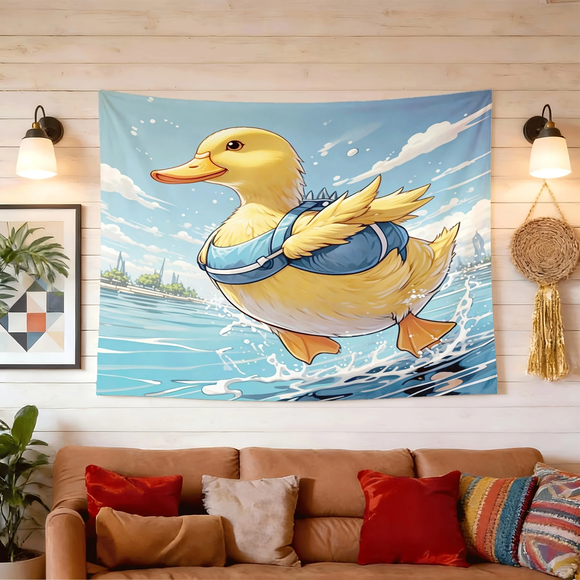 Winged Yellow Duck Swimming Lake Wall Tapestry Cute Animal Print Home Wall Hanging Decor for Bedroom Living Room Party Decoratio