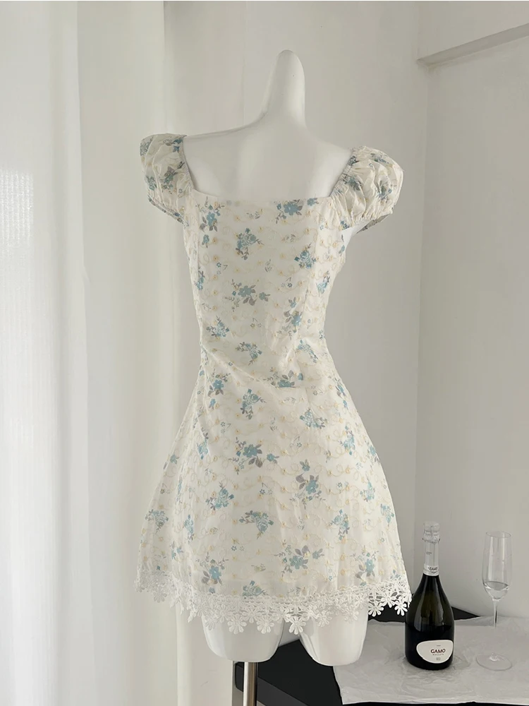Woman Design A-Line Dress Sexy Floral Dress Tide Frocks Gyaru One-Piece Aesthetics Cute Core Square Neck Short Sleeve Casual