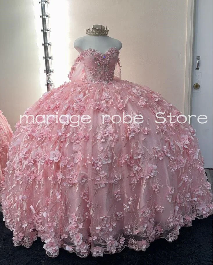 Rosa Prinzessin Quince anera Kleider von der Schulter mit Blumen kristall Bustier Korsett süß 15 Vestido de Debütant Rosa bestickt