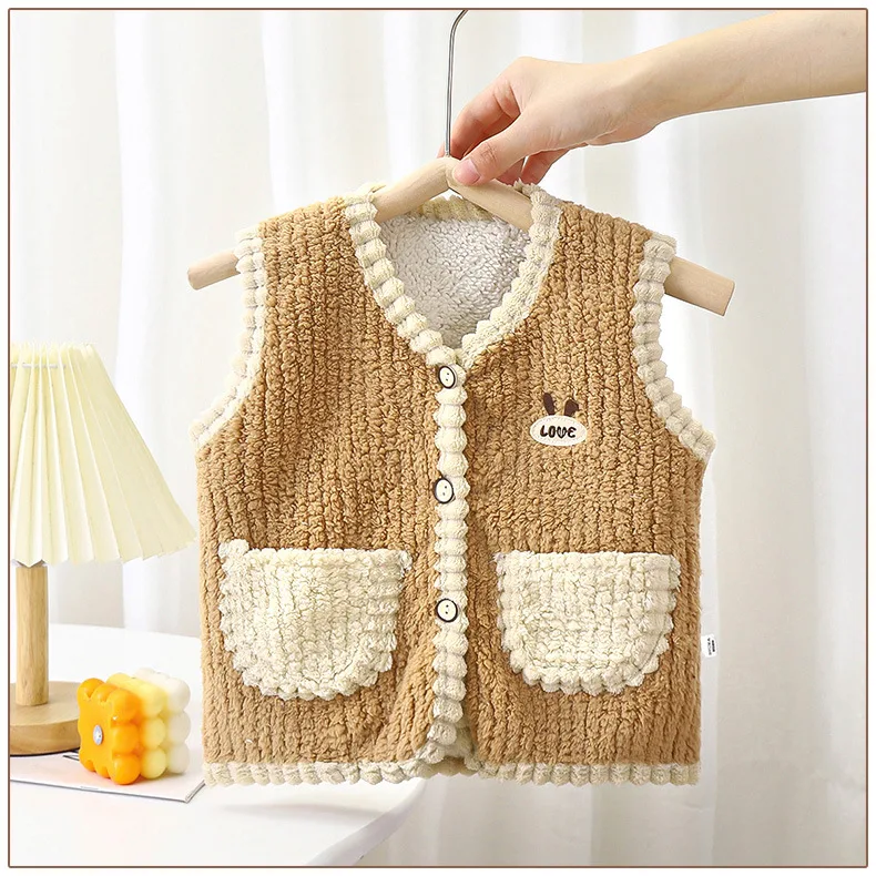 Jacke im Taschen-Design, weiße Kante, Mädchenweste, Frühling/Herbst, Baby-Ärmellose Jacke, Unisex-Cardigan mit Knöpfen, Jungen- und Kinderbekleidung – Detail 14