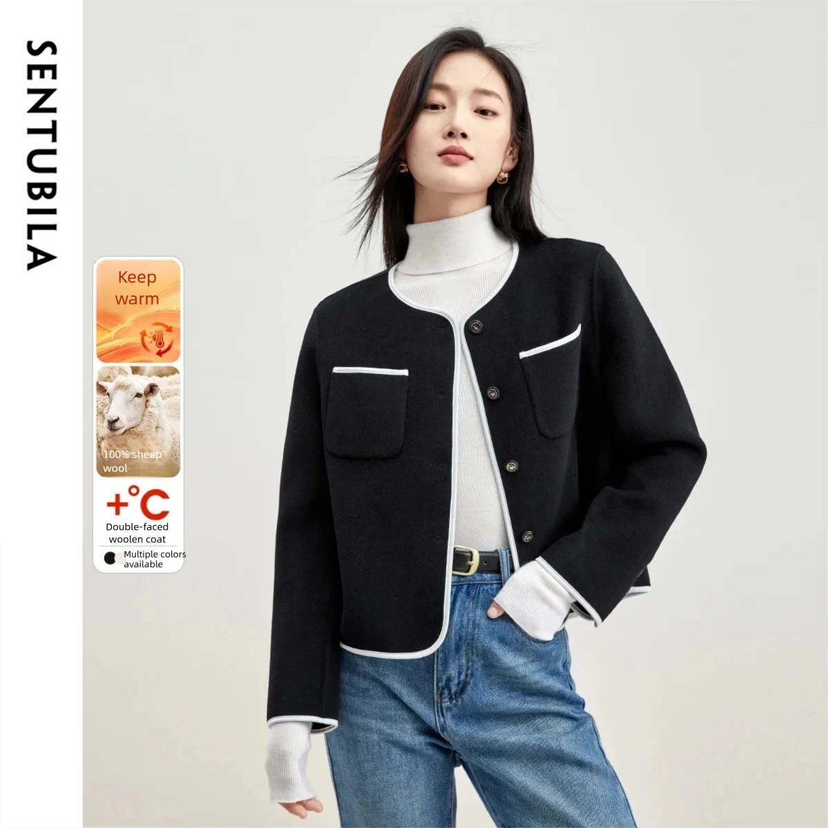 

SENTUBILA 100% Wool Coats for Women 2025 Winter Contrast Trim Round Neck Short Black Jacket Elegant Female Outerwears W54OF3637X