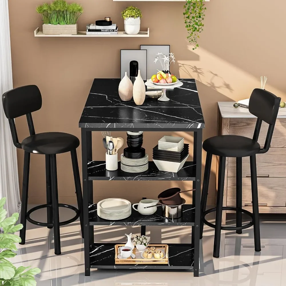Dining Table Set for 2, Counter Height Pub Table with 2 PU Leather Widen Backrest Bar Stools & 3 Storage Shelves,