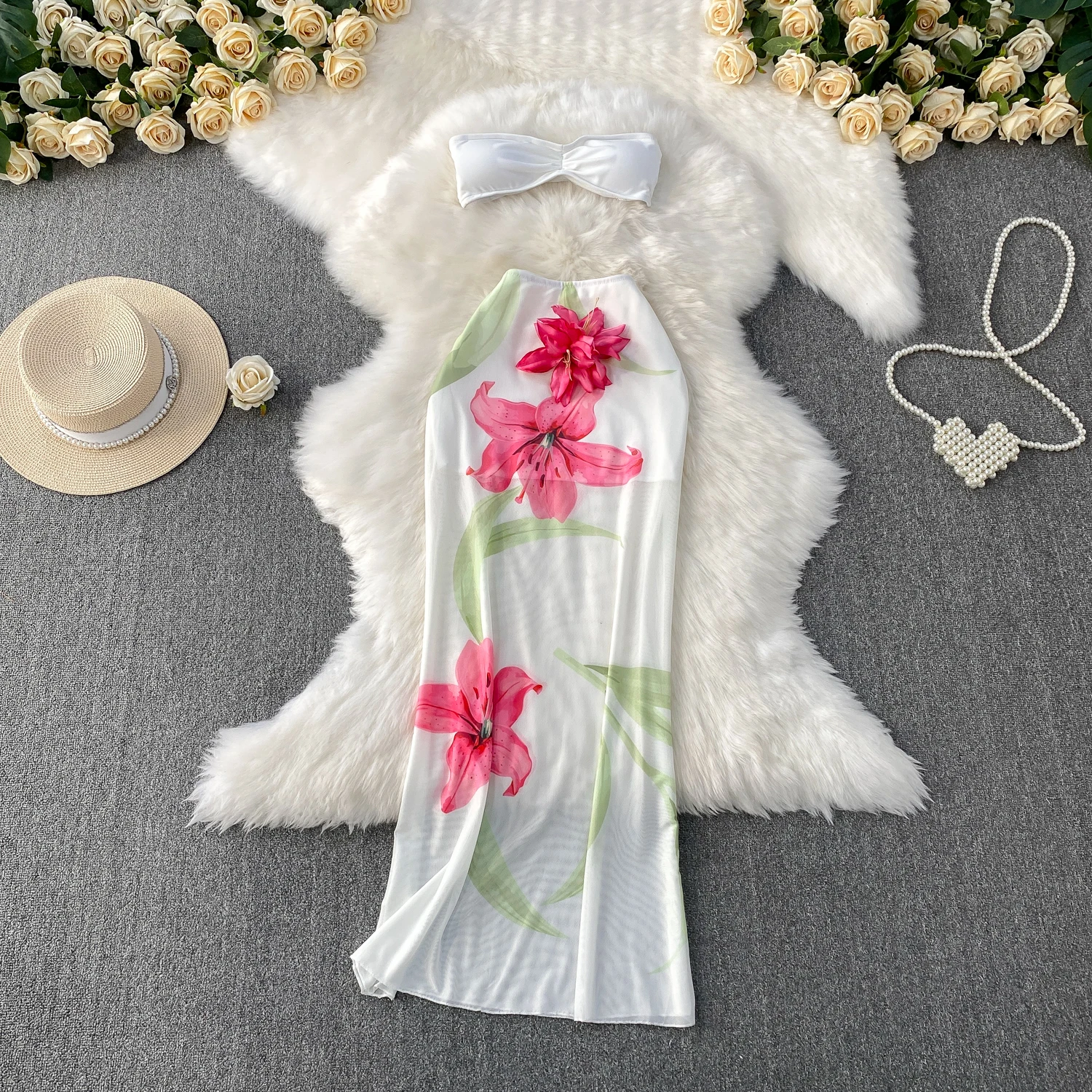 

Lady Korea Fashion Sets Women Summer Print Tropical Outfit Island Thailand Hip Skirt Beach Holiday Bikini Party Night Club Sets