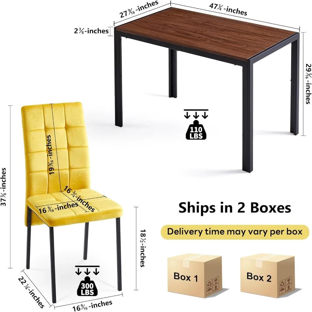 5-Piece Dining Table Set, 47 in Modern Rectangle Walnut Faux Wood Grain Kitchen Table & 4 High Back Yellow Velvet Upholstery