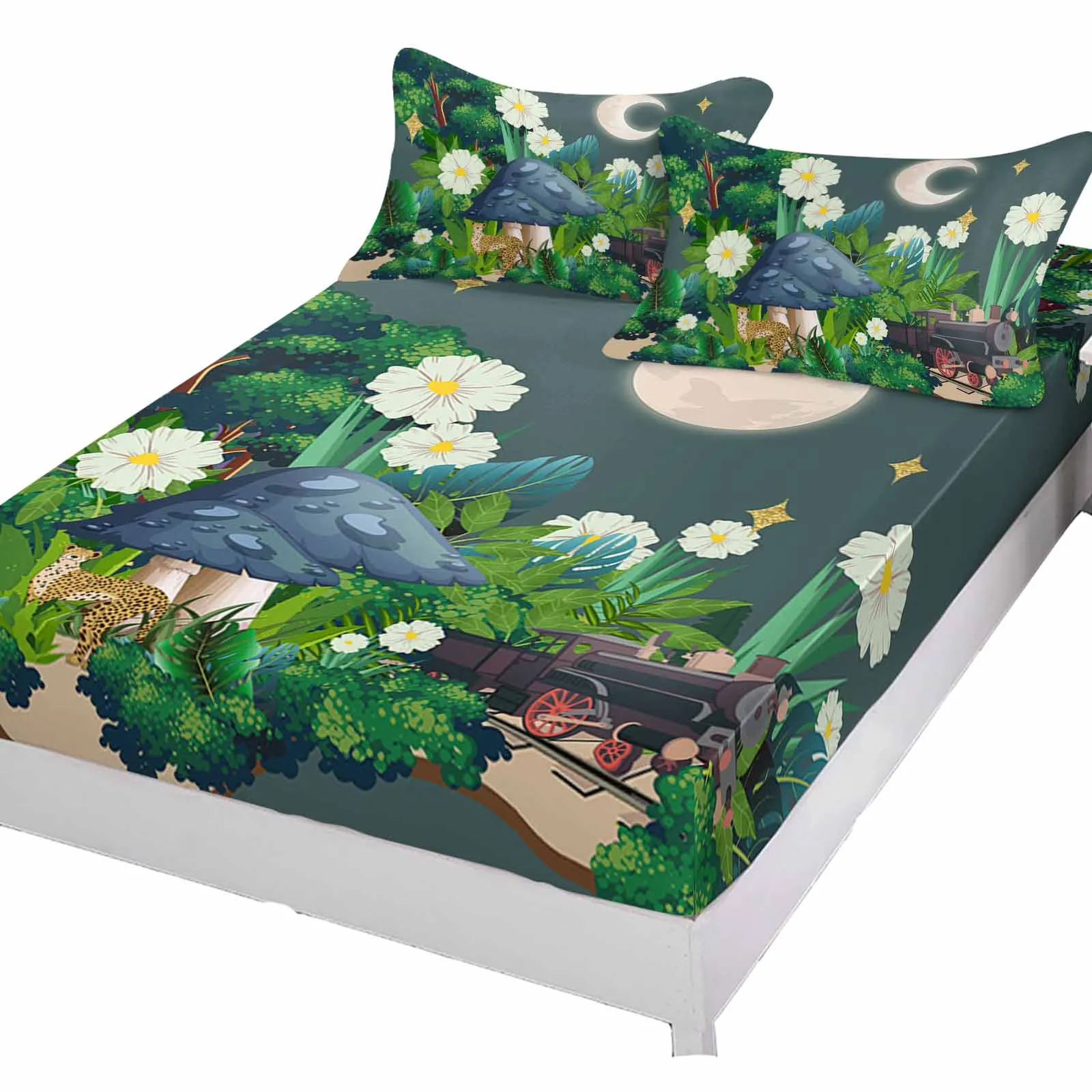 Jungle Tropical Plant Flower Polyester Fitted Sheet Mattress Cover Four Corners Elastic Band Bed Sheet Pilllowcase