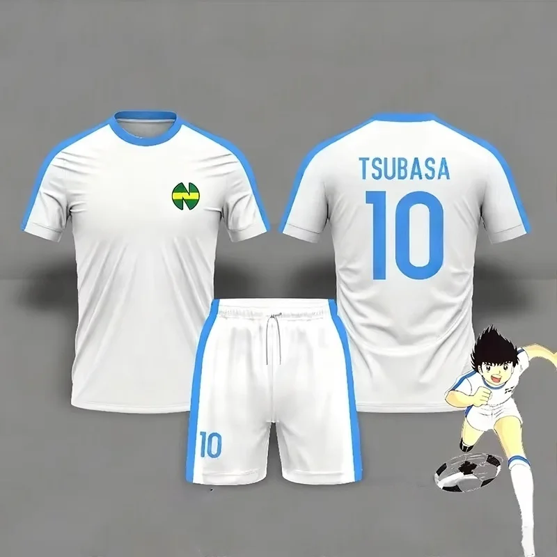 2026 Summer White & Blue Soccer Jersey Set Men's #10 Football Uniform Tsubasa Short Sleeve Shirt and Shorts for Training Kids