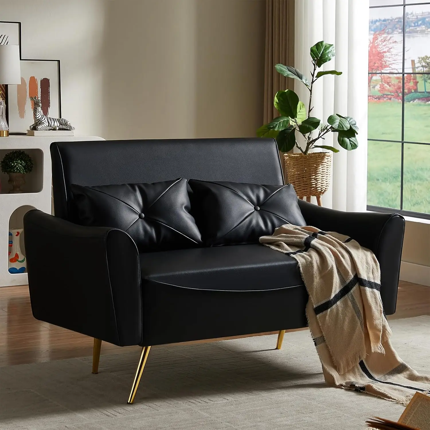 Modern Small Loveseat with 2 Pillows, 2 Seater Faux Leather Sofa for Living Room, Bedroom, Office, Apartment, 47