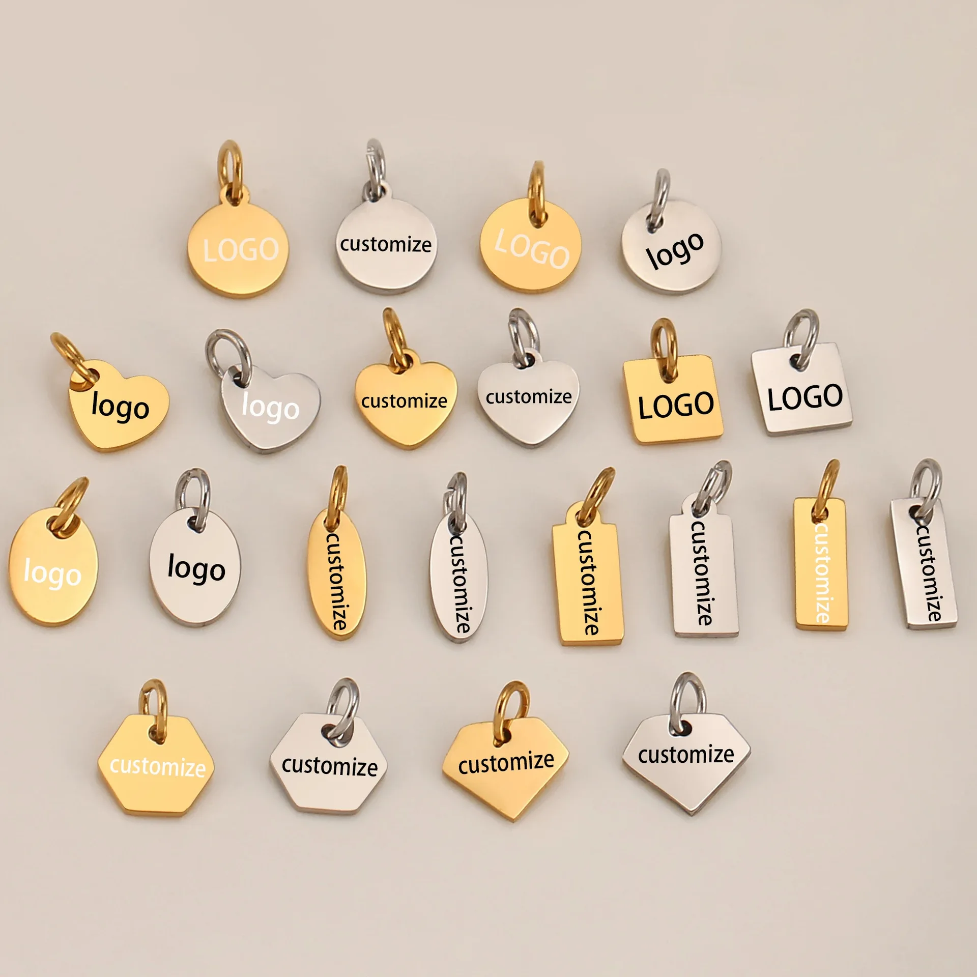 50pc/lot Blank Round/Heart/Oval/rectangle Tag Stainless Steel Charms Custom Laser your own logo at small quantity DIY Handmade