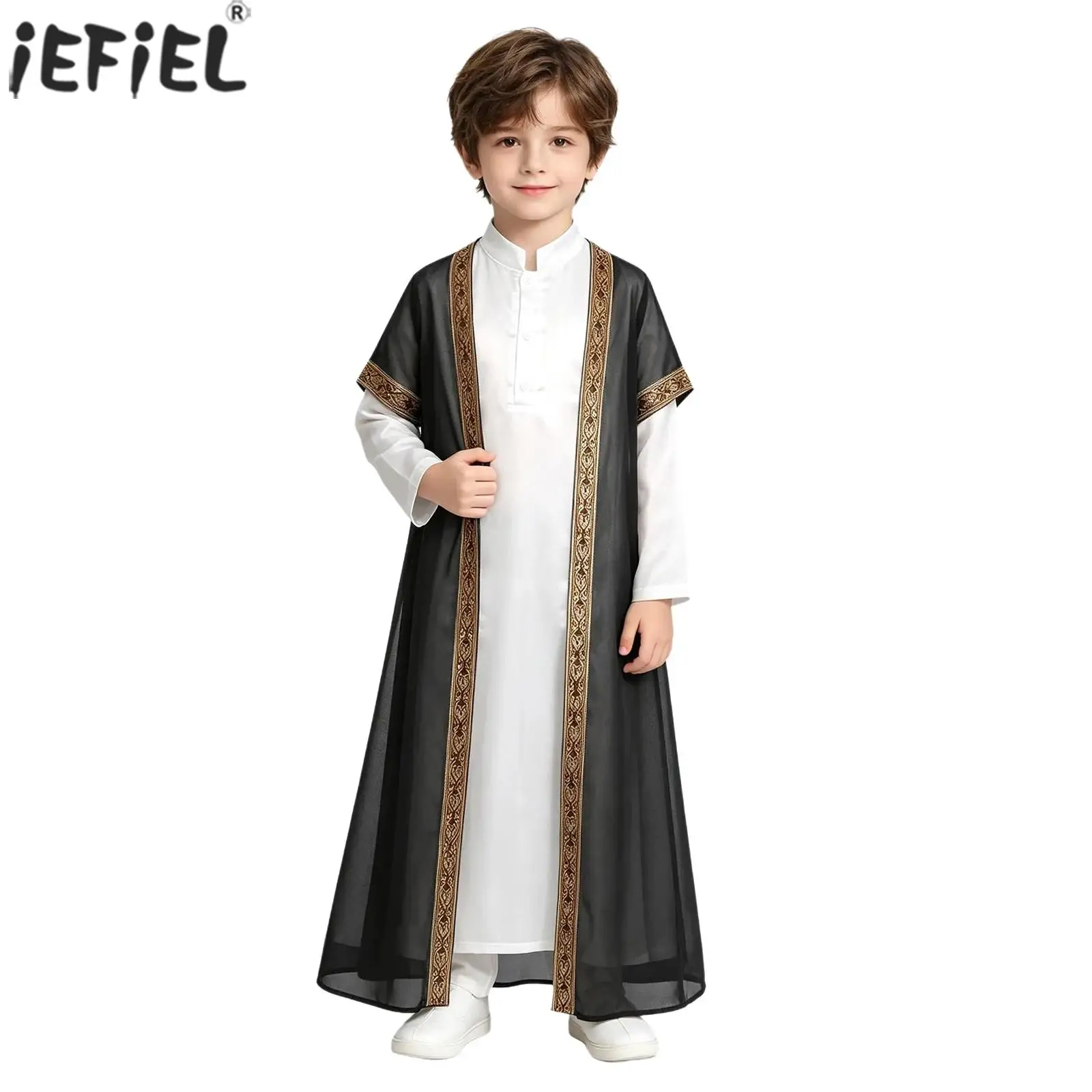 Muslim Boys Abaya Kaftan Thobe Long Sleeve Arabic Robe with Sheer Tulle Trim Cardigan Dubai Middle East Islam Ramadan Eid Gown