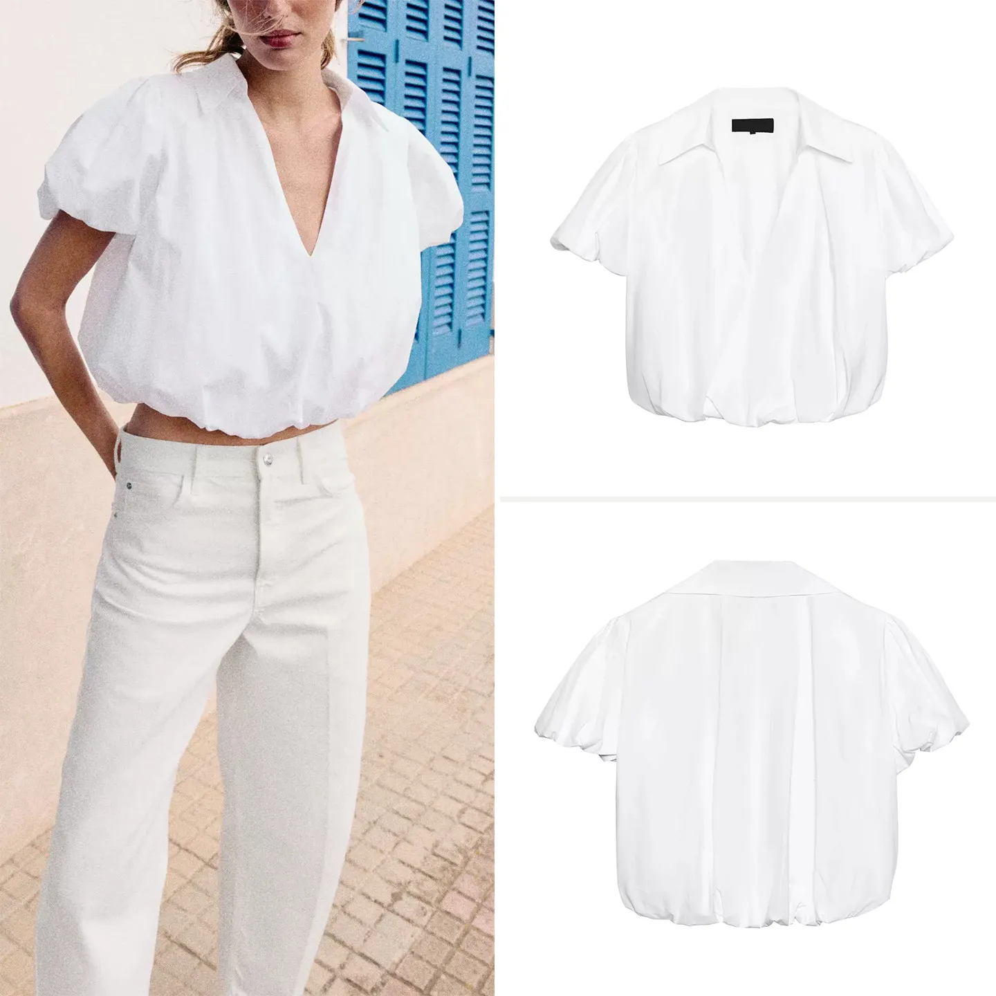 

Women's Fashion Summer Shirt V-neck Short Sleeve Puffy White Blouse Casual Loose Fit Bubble Sleeve Style ZADATA Brand