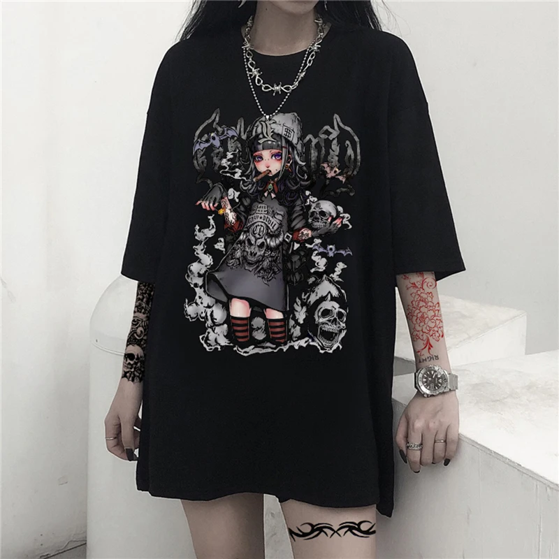 Oversized T-shirt Y2k Top Women T Shirt Aesthetic Loose Female Punk Dark Streetwear Gothic Cotton Tshirt Harajuku Summer Clothes