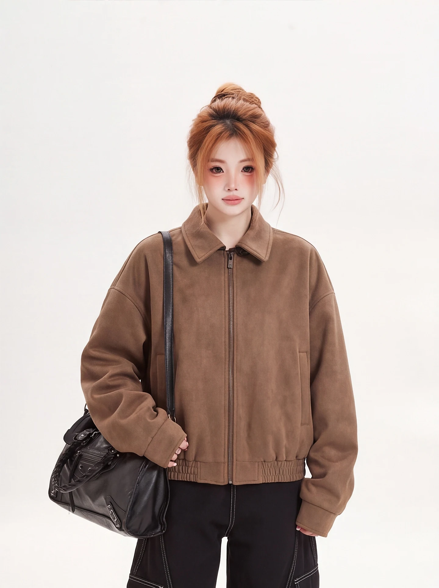 Ant Vintage Casual Short Jacket Women's Loose Fit Autumn Fashionable Collarless Coat Warm Polyester Nylon Fabric Side Zipper