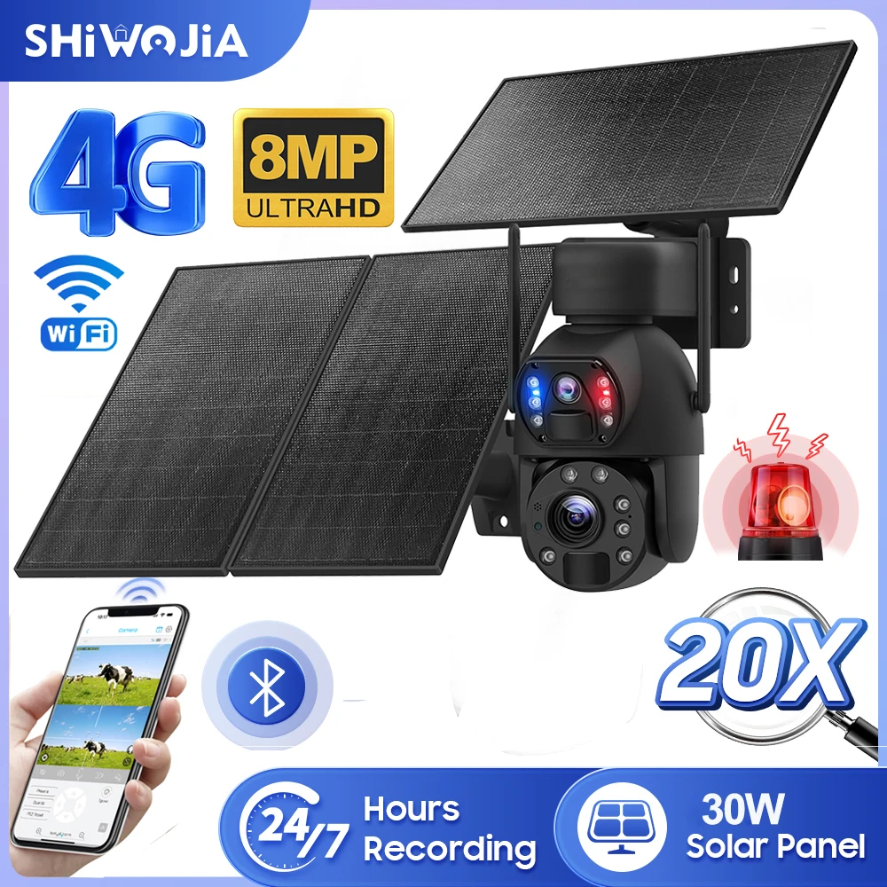 

SHIWOJIA 30W /20W Solar Panel 4G Solar Security Camera 8MP 20X ZOOM 20000mAh Battery Outdoor WIFI Solar Powered Surveillance Cam