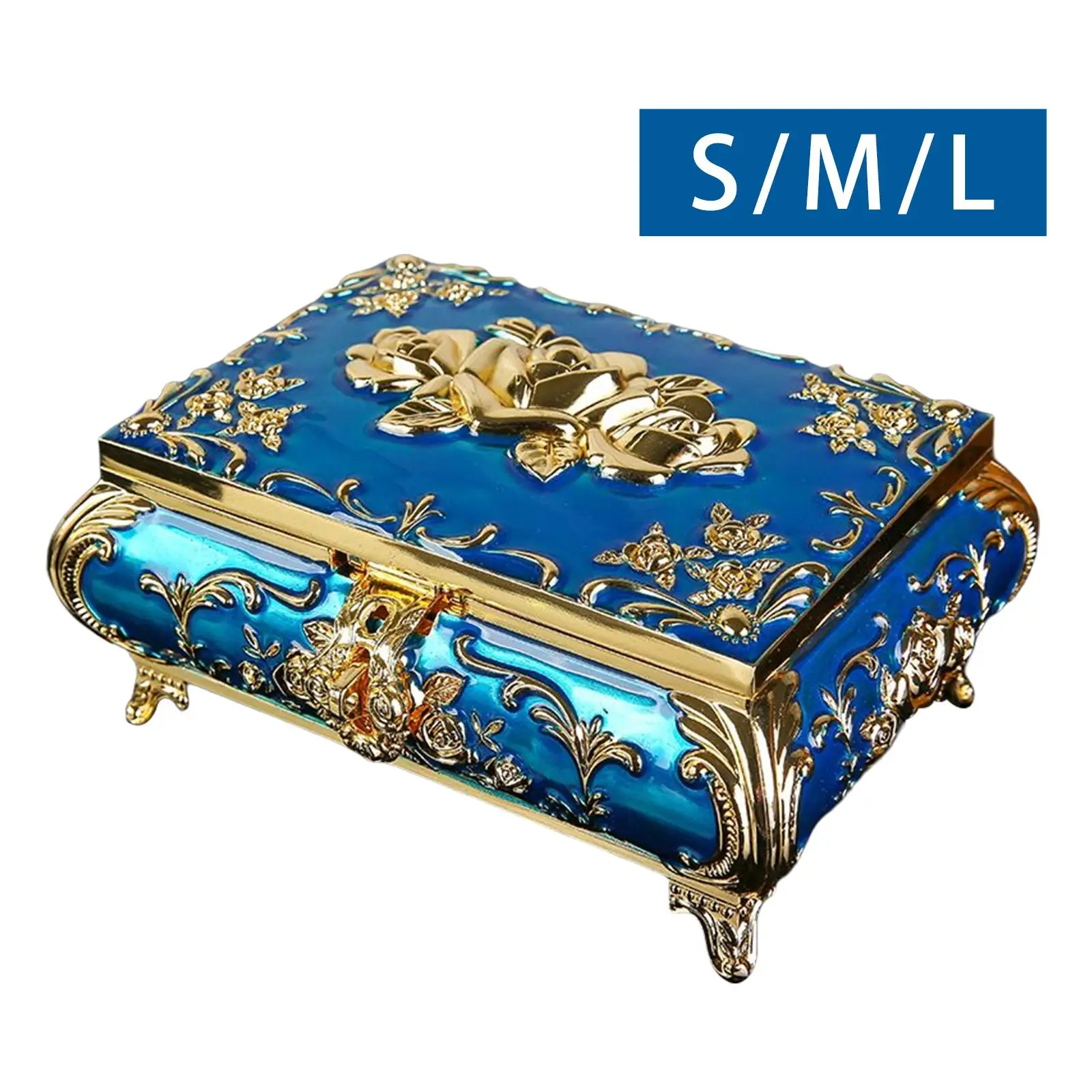 Golden Rose Engraved Trinket Box Blue Jewelry Box Keepsake for Rings, Earrings, view 3