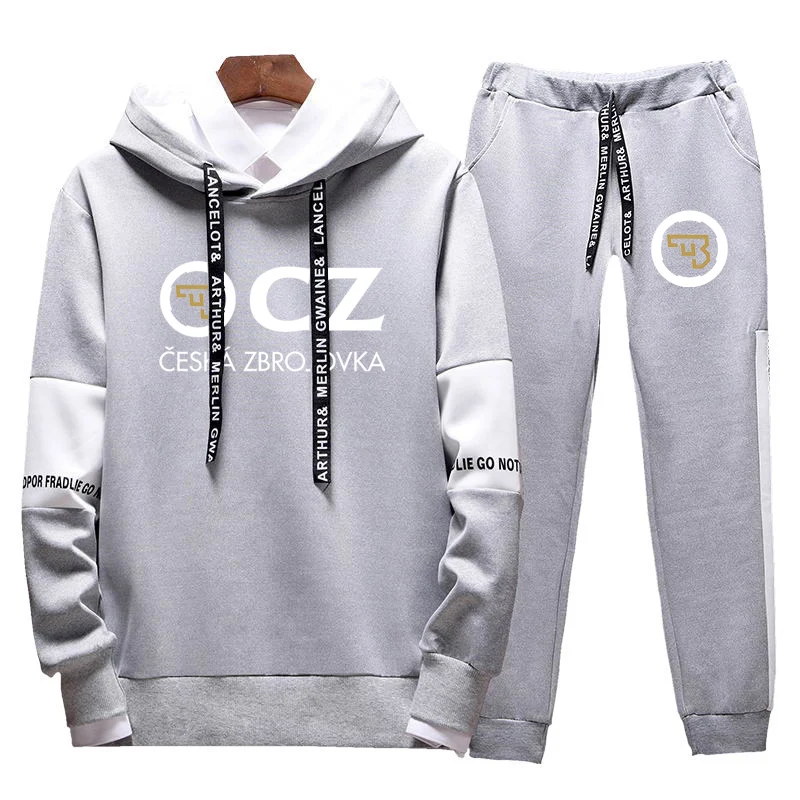 2023 Men's CZ Logo Lacing Strap Hoodies Sets Autumn New Ceska Zbrojovka Printed Hooded Pullover And Solid Color Sweatpants Suits