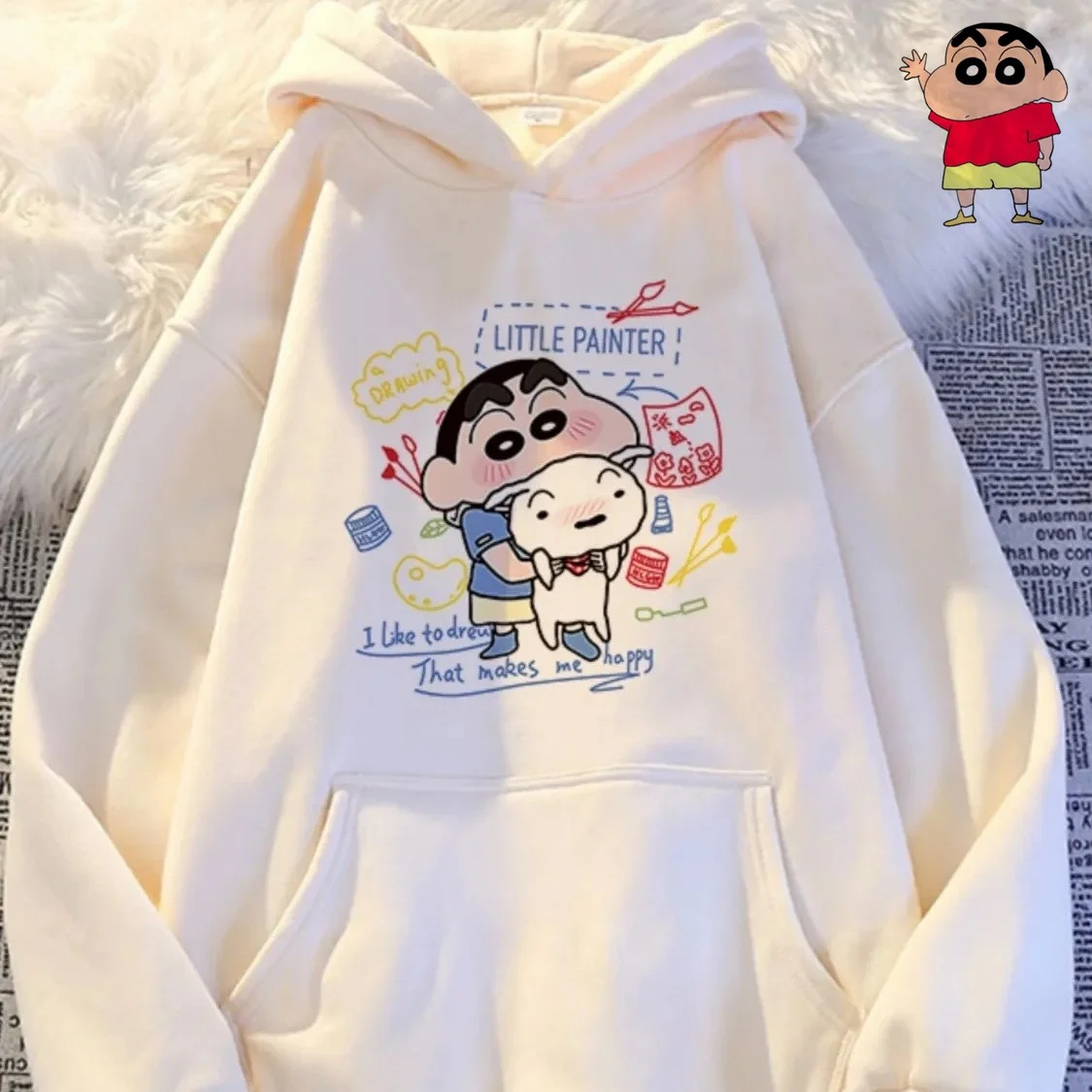 Cute Anime Crayon Shin-Chan Autumn Winter Solid Color Plush Hooded Sweatshirt Casual Cartoon Print Kids Birthday Gifts