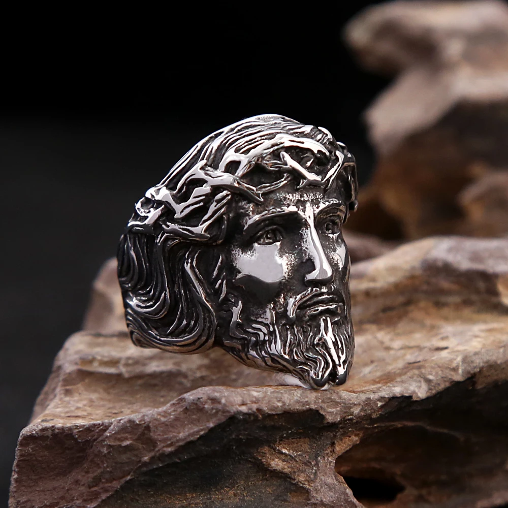 Unique Vintage Catholic Jesus Head Ring Punk Stainless Steel Jesus Portrait Ring Fashion Creative Amulet Jewelry Gifts Wholesale