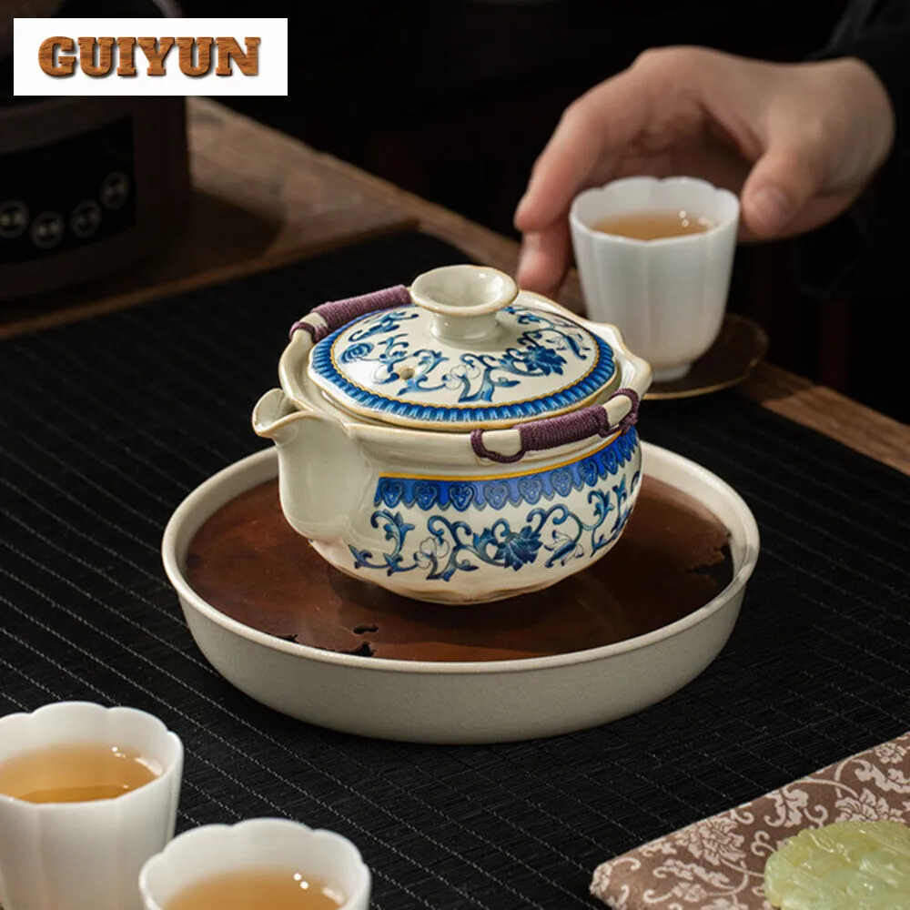 handamde Ru Kiln Xishi Hand Grasping Teapot Ancient Blue and White Branches Lotus Pot Tea Soaking Kettle Puer Tea Services Craft