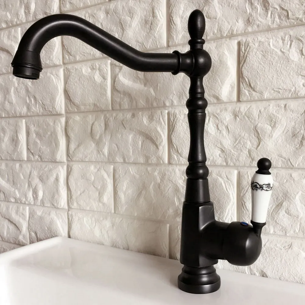 

Black Oil Rubbed Bronze Single Handle Kitchen Sink Faucet Deck Mounted Washbasin Faucets Cold and Hot Water Mixer Taps Lnf385