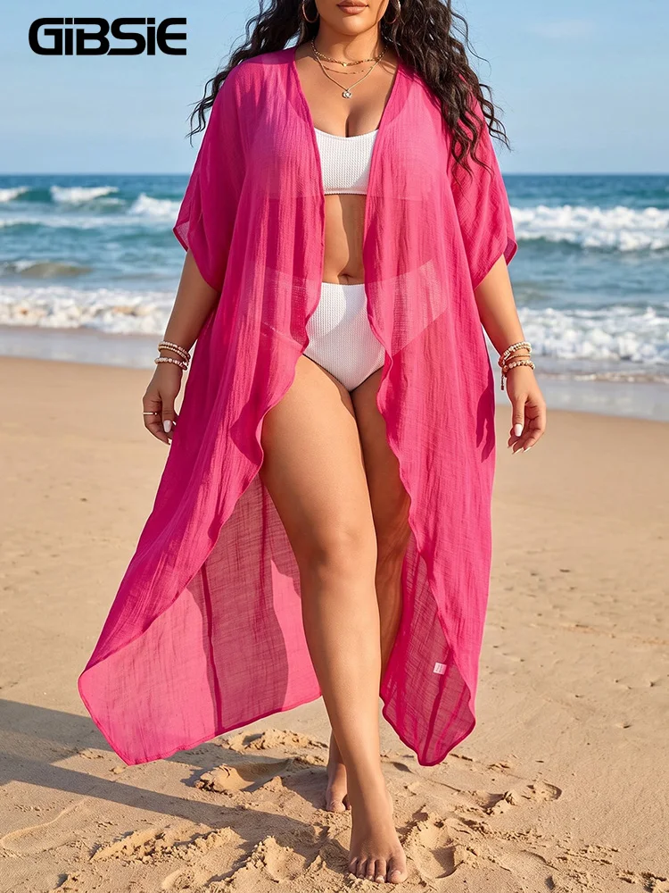 GIBSIE Plus Size Solid Half Sleeve Swimwear Bikini Cover Up Women Summer Vacation Long Cardigan Swimsuit Bathing Suit Beachwear