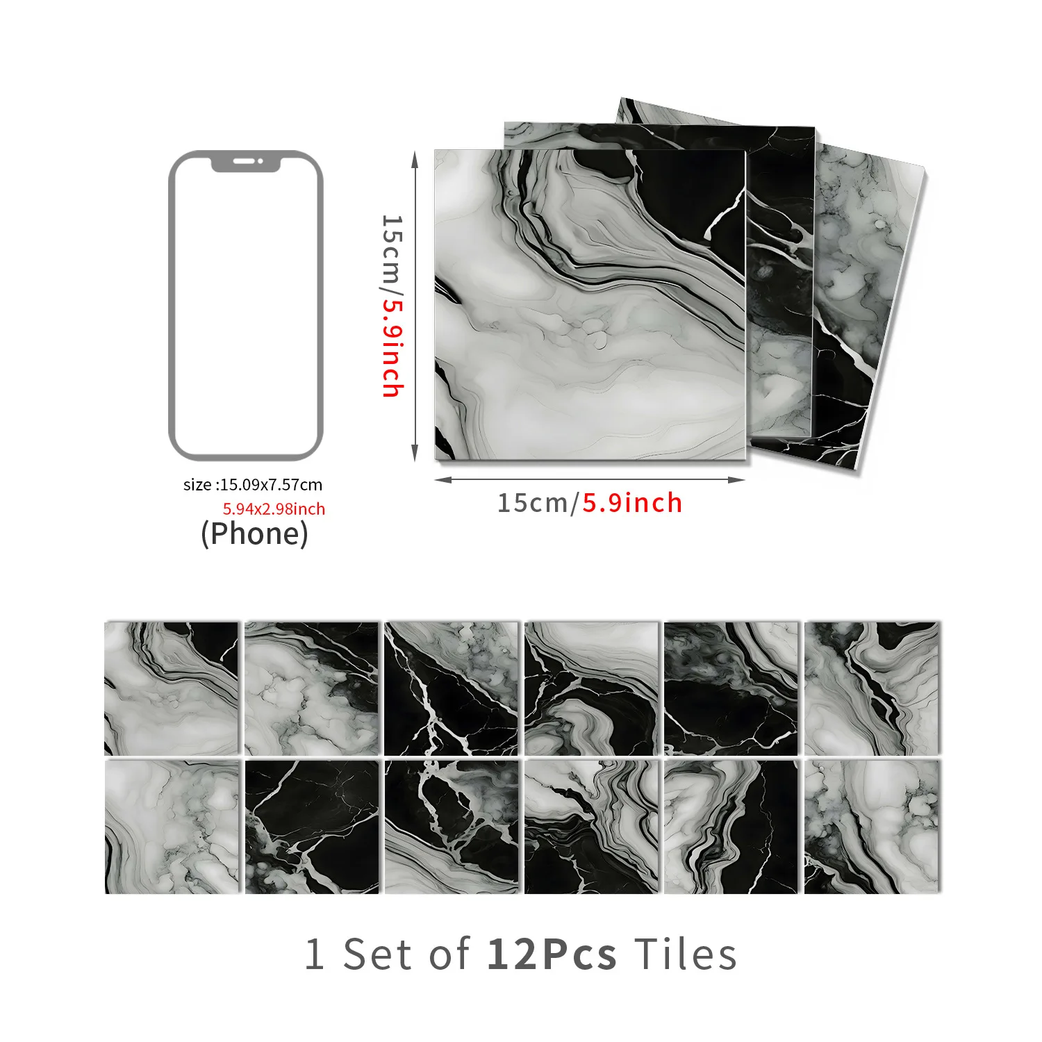 12/24 Pieces Marble Splicing Tile Stickers Irregular Wall Stickers Self-Adhesive Waterproof and Oil Resistant Kitchen Home Decor