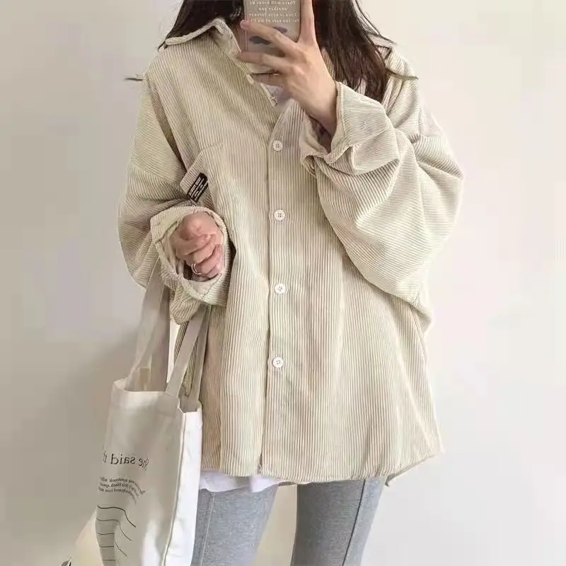 Corduroy Long Sve Women's irt Hong Kong Sle Faion Outerwear Casual Commute Sle Loose Fit Button Detail Polyester B...