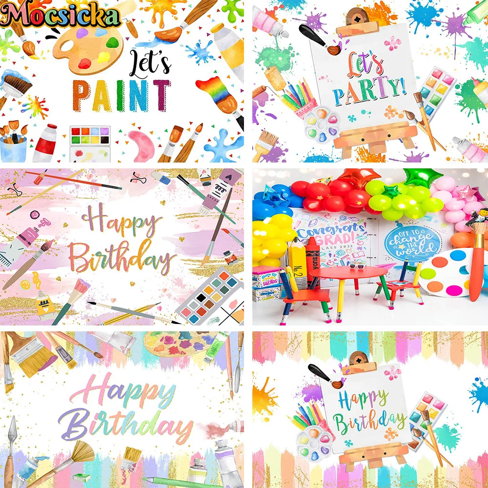 Mocsicka Let's Paint Art Splash Graffiti Decoration Birthday Background Colorful Board Brush Backdrop Banner Kids Children Photo