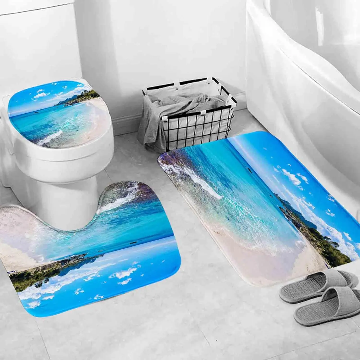 3PCS Spain Rajada Beach Bath Mat Set, Memory Foam Soft Absorbent Rug, Non-Slip Machine Washable Thick Shower Carpet Decor