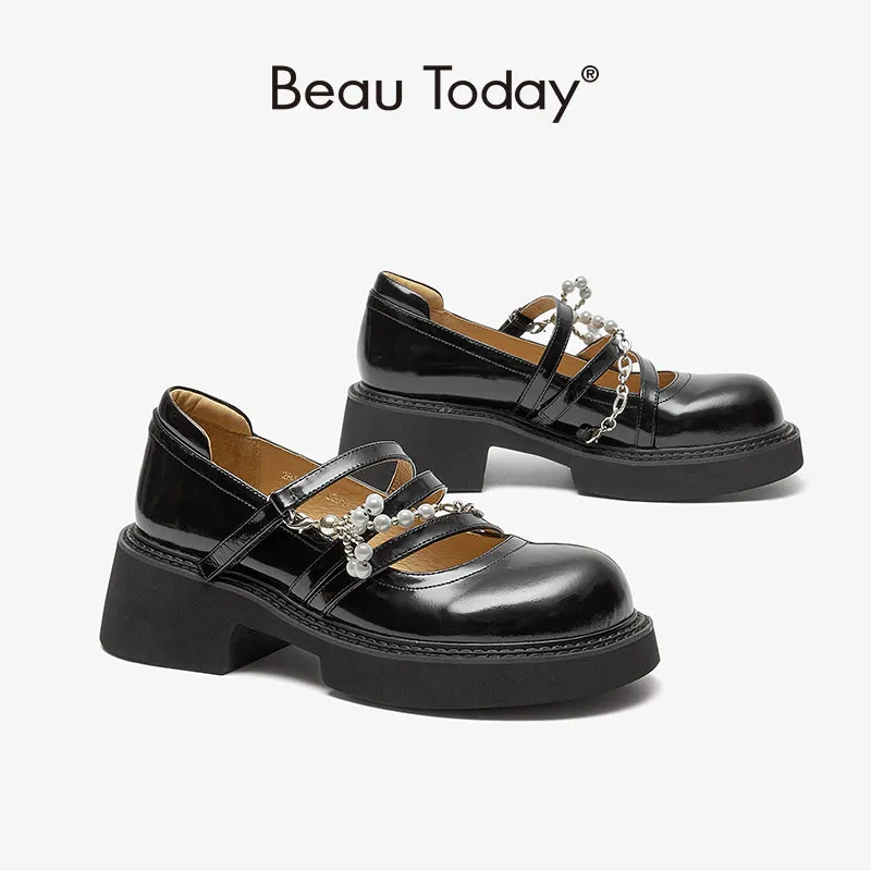 

BeauToday Platform Lolita Shoes Women Cow Leather Round Toe Triple Straps String Bead Hook Loop Girls Uniform Shoes 28435