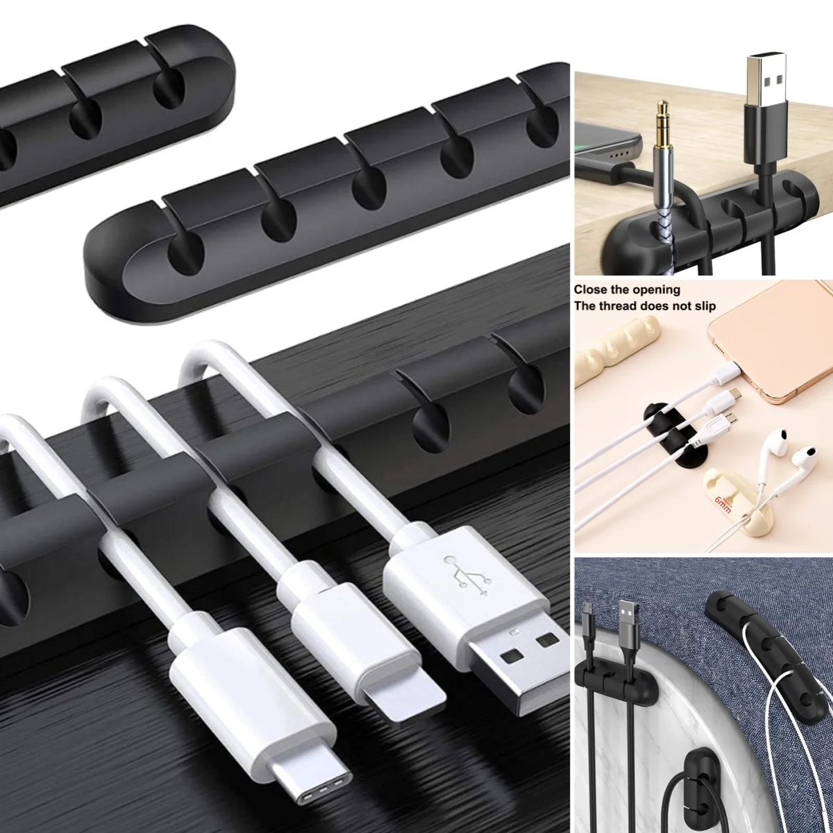 Organizador de cabos de mesa com 3/5/7/9 furos, clipe de suporte de cabo adesivo, enrolador de cabo de silicone, organizador de fio para cabo de carregamento