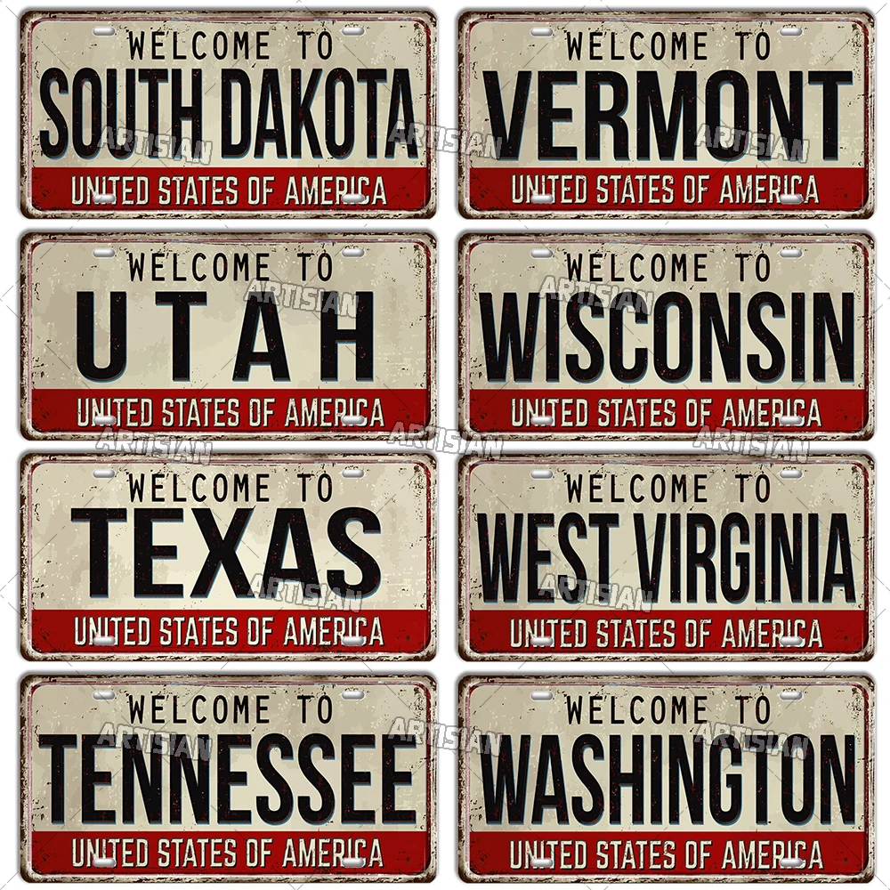 Artisian Welcome To USA City Car Plate Landmark License Plate US State Metal Sign Wall Decor Garage Bar Pub Club Hotel Cafe