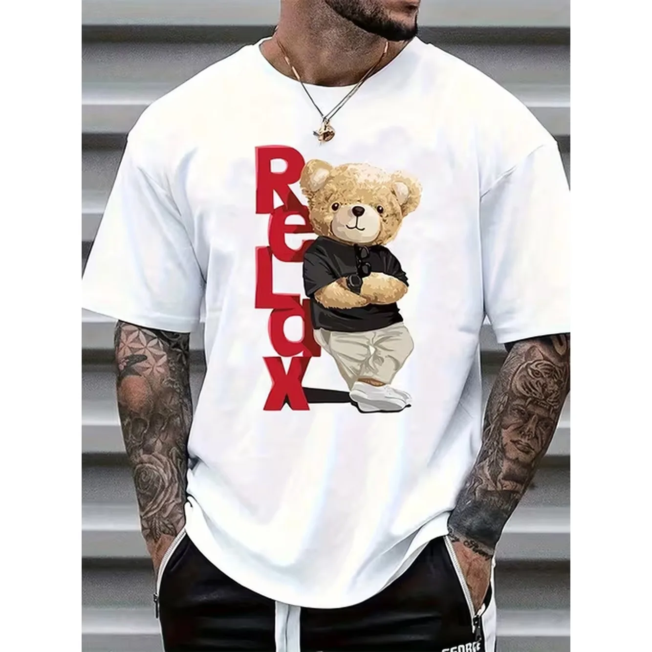 item picture mens bear print short sleeve t shirt summer casual round neck tee with tree ink drawing comfortable regular fit machine washable opaque shirt for outdoor casual attire in stock