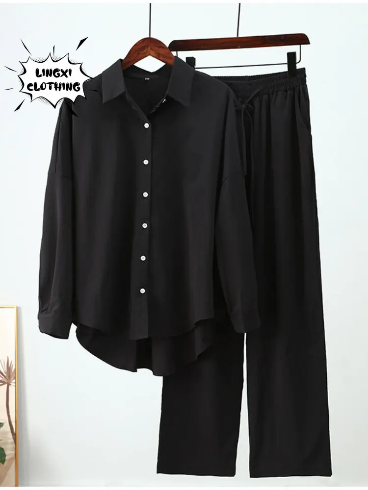 Summer Outfits for Women 2023 Fashion Loose Elastic Wrinkle Long Sleeve Shirt Wide Leg Pants Casual Set for Women 2 Piece Set