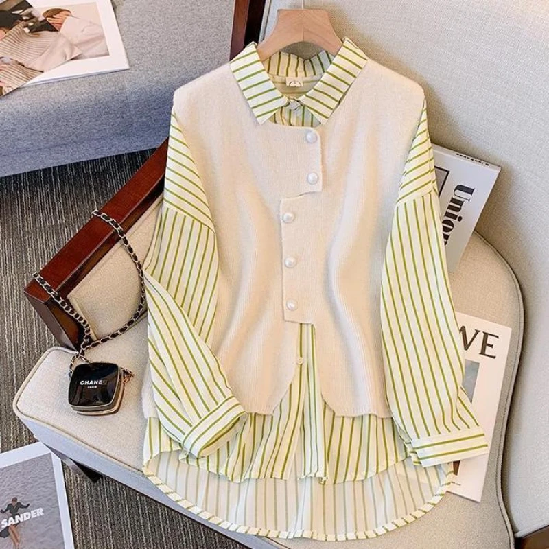 Spring Autumn New Turn-down Collar Long Sleeve Fashion Shirt Women High Street Striped Button Fake Two Pieces Elegant Cardigan