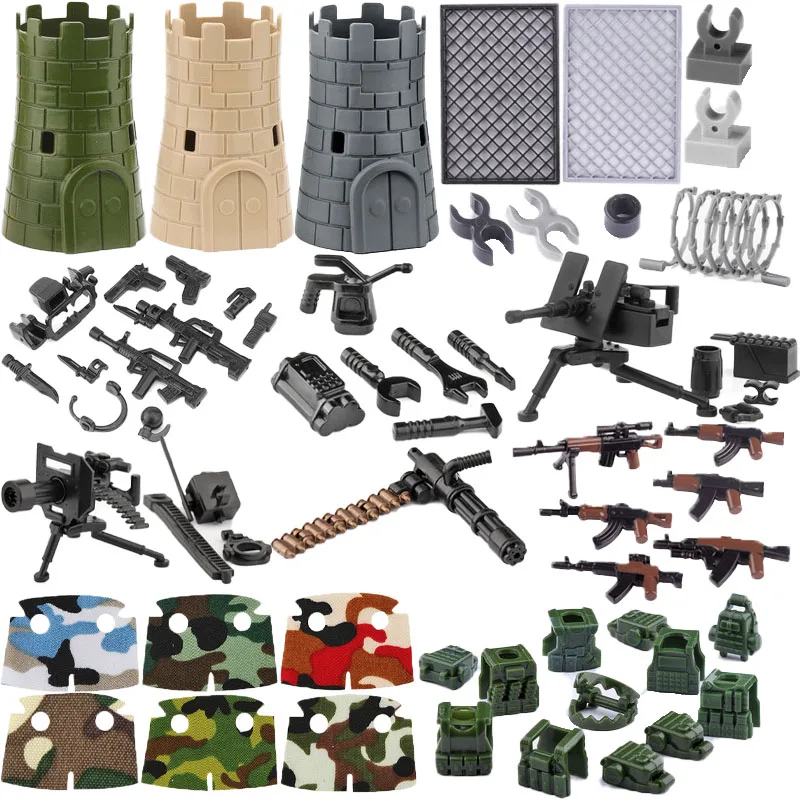 WW2 Military Accessories Soldier Figure Building Blocks Gatling Barrier Fortress Backpack Vest MOC Army Bricks Toys For Kid J097