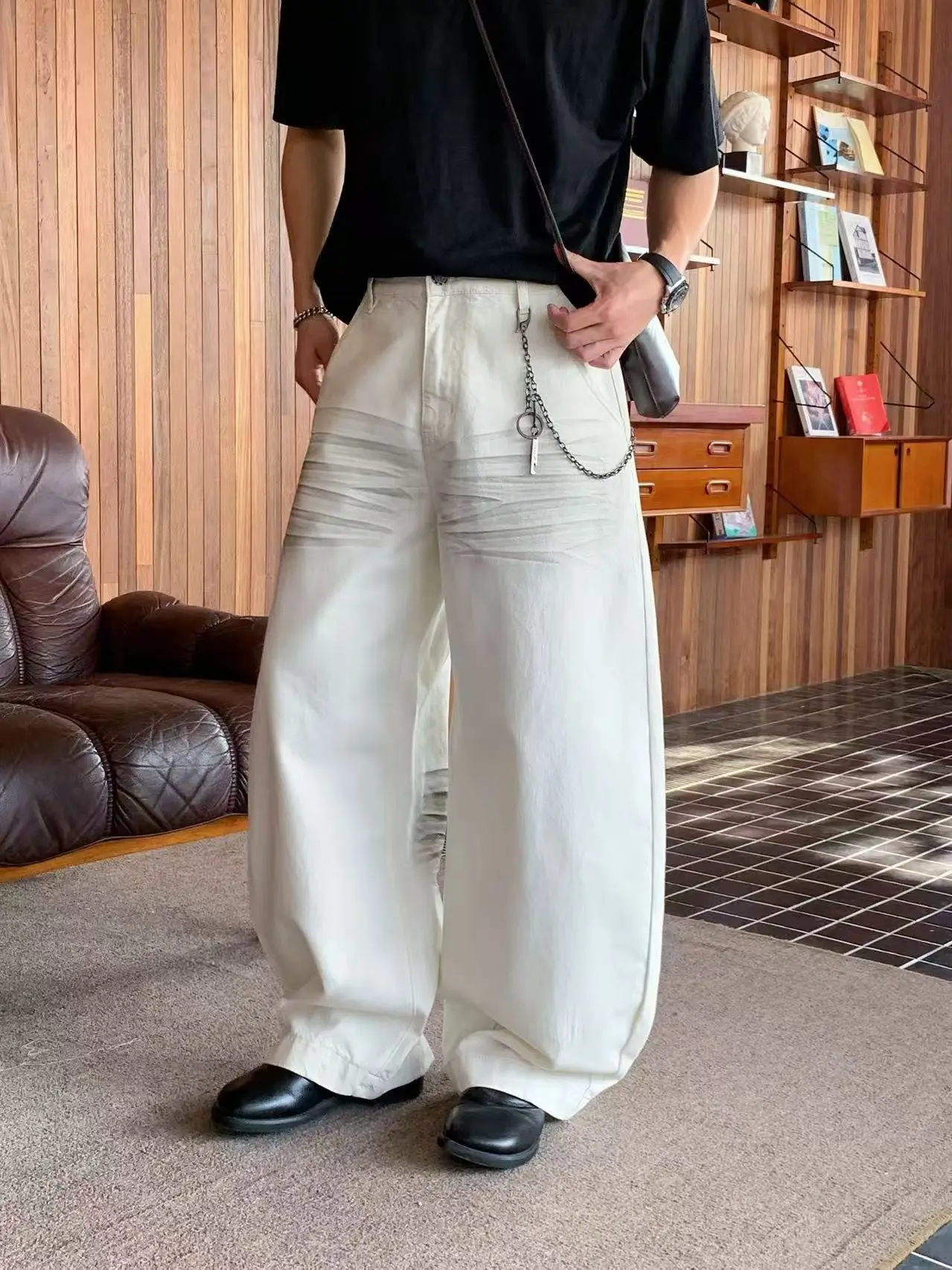 Calça Jeans Unissex de Verão, Estilo Retrô Americano, Lavada, com Efeito Bigodes de Gato e Rasgos, Cintura Alta, Perna Reta, ...